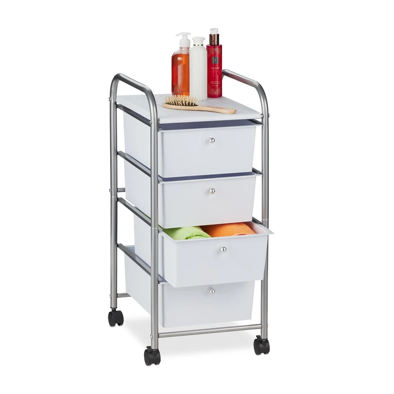 Relaxdays Storage Trolley, 4 Drawers, H x W x D approx. 74 x 33 x 39 cm, Metal & Plastic, Silver