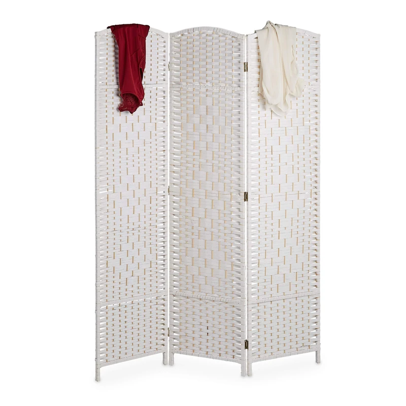 Relaxdays Paravent Room Divider 170 x 120 cm Foldable Room Divider 3-Piece Privacy Screen Wood and Paper Rope White - Image 1