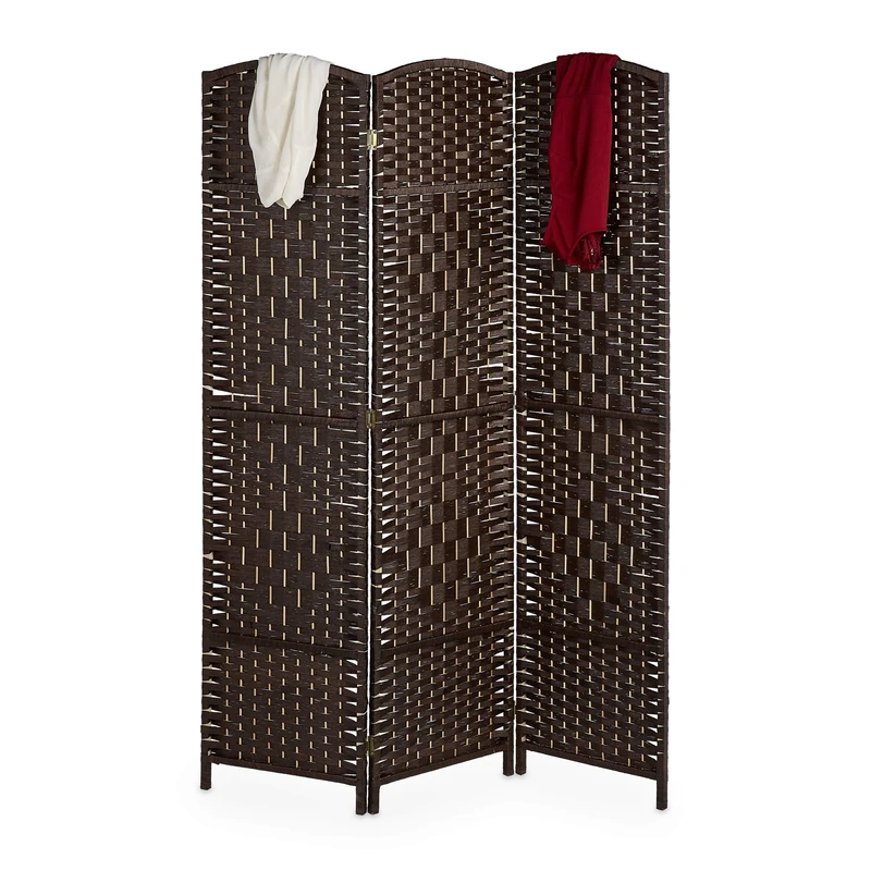 Relaxdays Paravent Room Divider, H x W: 170 x 120 cm, Foldable Room Divider, 3-Piece Privacy Screen, Wood & Paper Rope, Brown