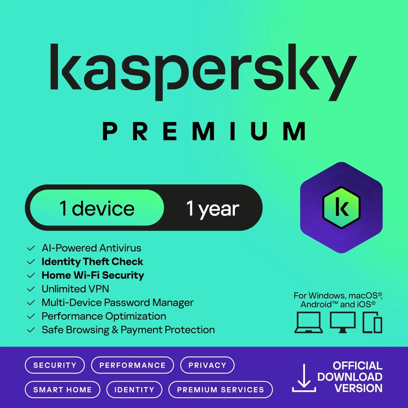 Kaspersky Premium Total Security 2026 | 1 Device | 1 Year | Anti-Phishing and Firewall | Unlimited VPN | Password Manager | Parental Controls | 24/7 Support | PC/Mac/Mobile | UK Online Code