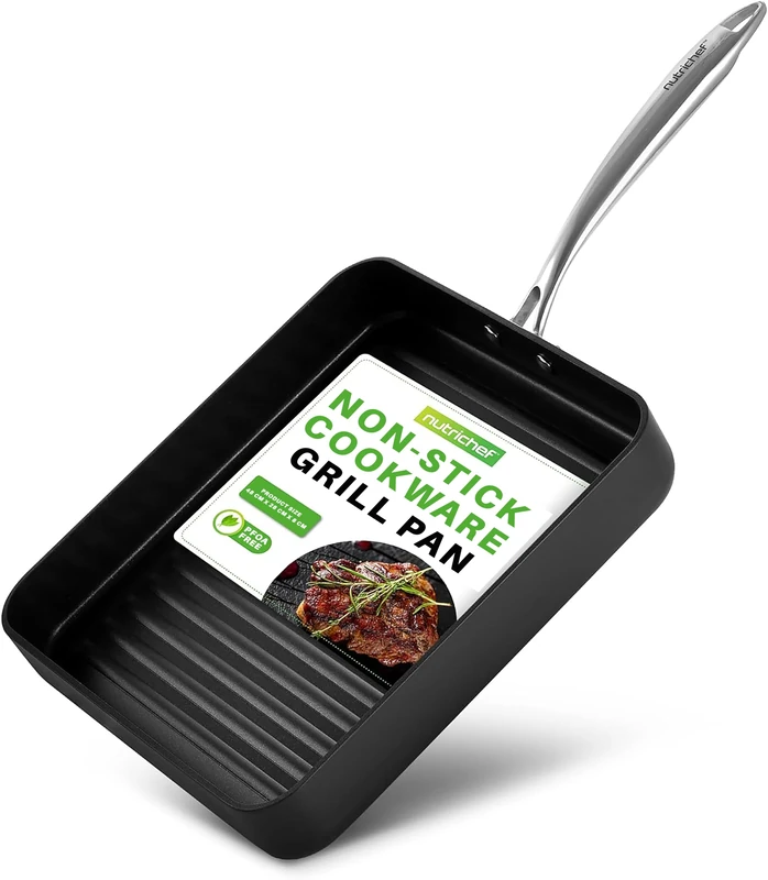 NutriChef Grill Pan Nonstick, Stainless-Steel Griddle 48 x 28cm, High Ridges, Strong Handle, For Gas and Electric Cooking and Grilling (Non-Induction)