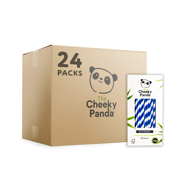 The Cheeky Panda – Bamboo Blue Stripes Paper Straws | Bulk Box of 24 Packs (250 Straws per Pack, 6000 Straws Total) | 100% Biodegradable, Plastic-Free, Eco-Friendly, Strong & Sustainable