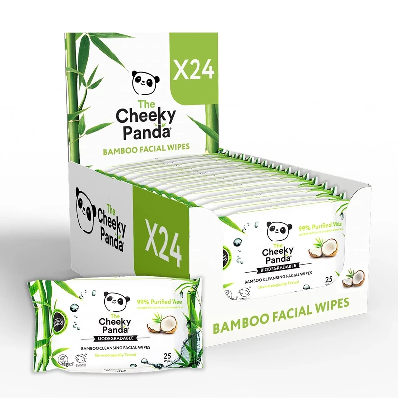 The Cheeky Panda – Facial Wipes, Coconut Scented | Bulk Box of 24 Packs (25 Wipes per Pack, 600 Wipes Total) | Make Up Remover, Hypoallergenic, Eco-Friendly, Super Soft, Kind to Skin & Sustainable
