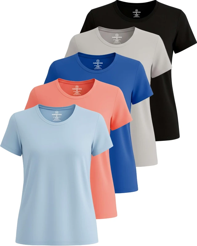5 Pack: Womens Quick Dry Fit Dri Fit Active Wear Yoga Workout Athletic Tops Essentials Clothes Running Gym Zumba Exercise Ladies Short Sleeve Crew Scoop Neck Moisture Wicking Tees T-Shirt - Set 10,L