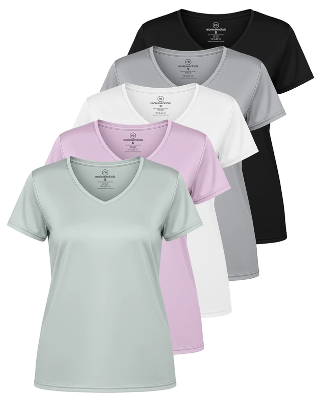 5 Pack: Womens V Neck T-Shirt Ladies Yoga Top Athletic Tees Active Wear Gym Workout Zumba Exercise Running Essentials Quick Dry Fit Dri Fit Moisture Wicking Basic Clothes - Set 9,M
