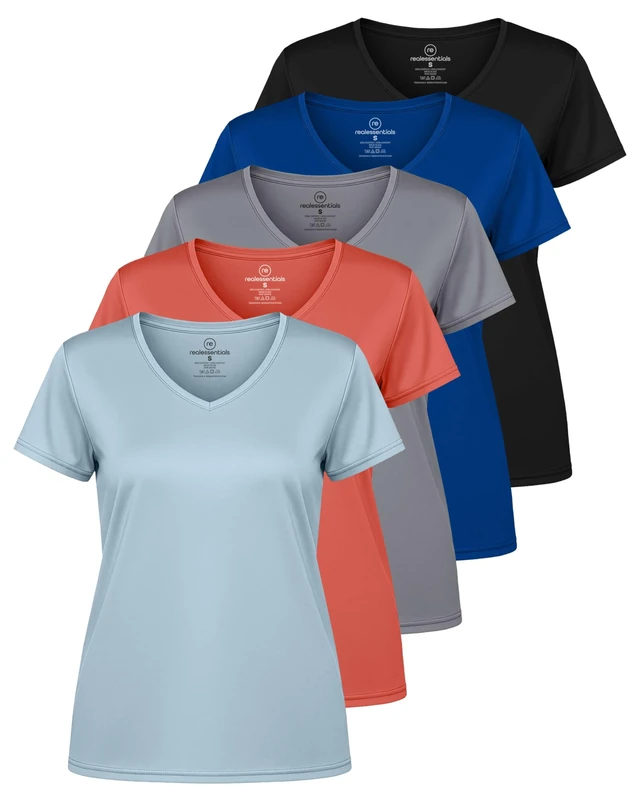 5 Pack: Womens V Neck T-Shirt Ladies Yoga Top Athletic Tees Active Wear Gym Workout Zumba Exercise Running Essentials Quick Dry Fit Dri Fit Moisture Wicking Basic Clothes - Set 10,L - Image 1