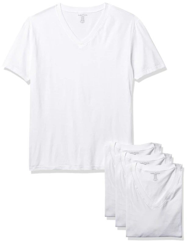 Nautica Men's 4 Pack Cotton V-Neck T-Shirt, White, Large
