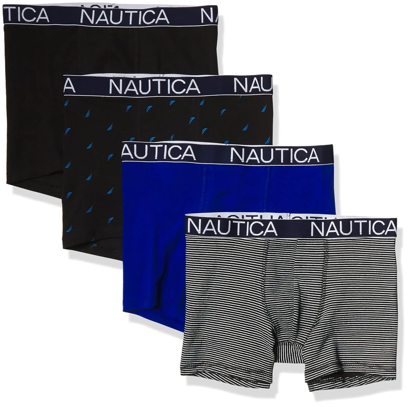 Nautica Men's Cotton Stretch 4 Pack Boxer Briefs, Black/Bright Cobalt/Stripe 2/Sail Print, M