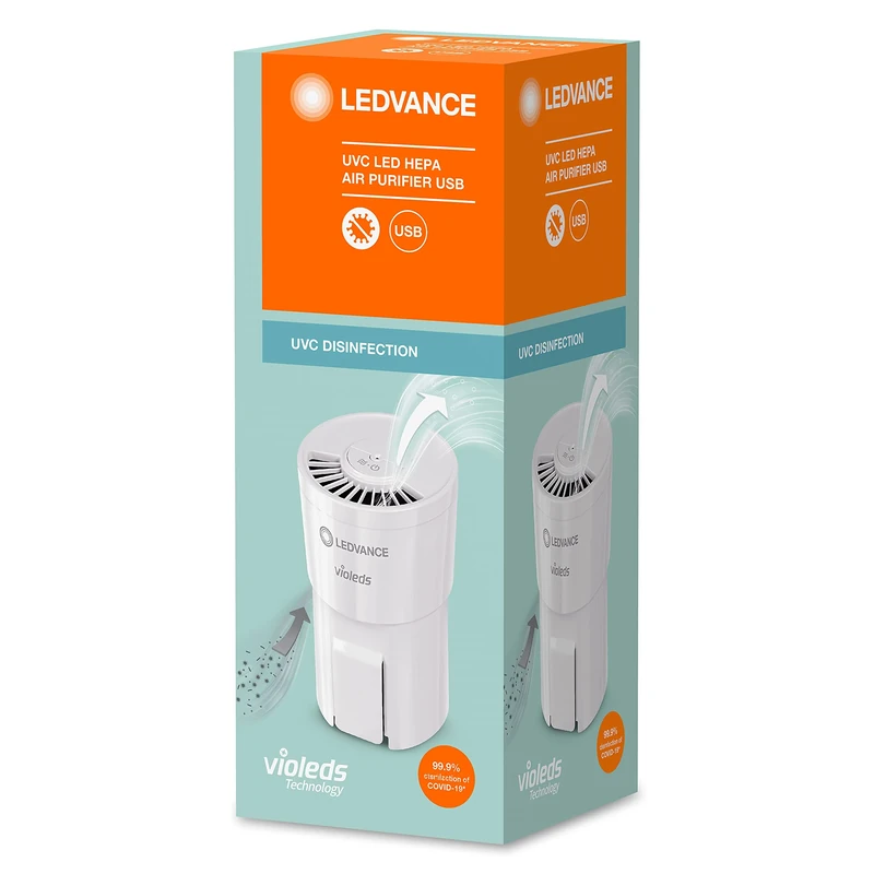 Ledvance UVC HEPA Air Purifier, Air Cleaning with Full UV-C Power for Desinfecting The Air from Viruses and Bacteria and for a Nice Air Clima, Handy and Everywhere Usable with USB Cable, White