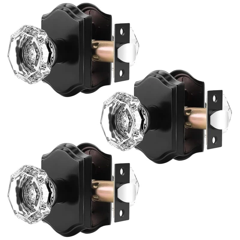 Orger Passage Door Knobs for Hallway and Closet, Glass Door Handles with Non-Locking Latch, Octagonal Clear Crystal Door Knobs 3 Pack, Black Vintage Rosette with Heavy Duty Crystal