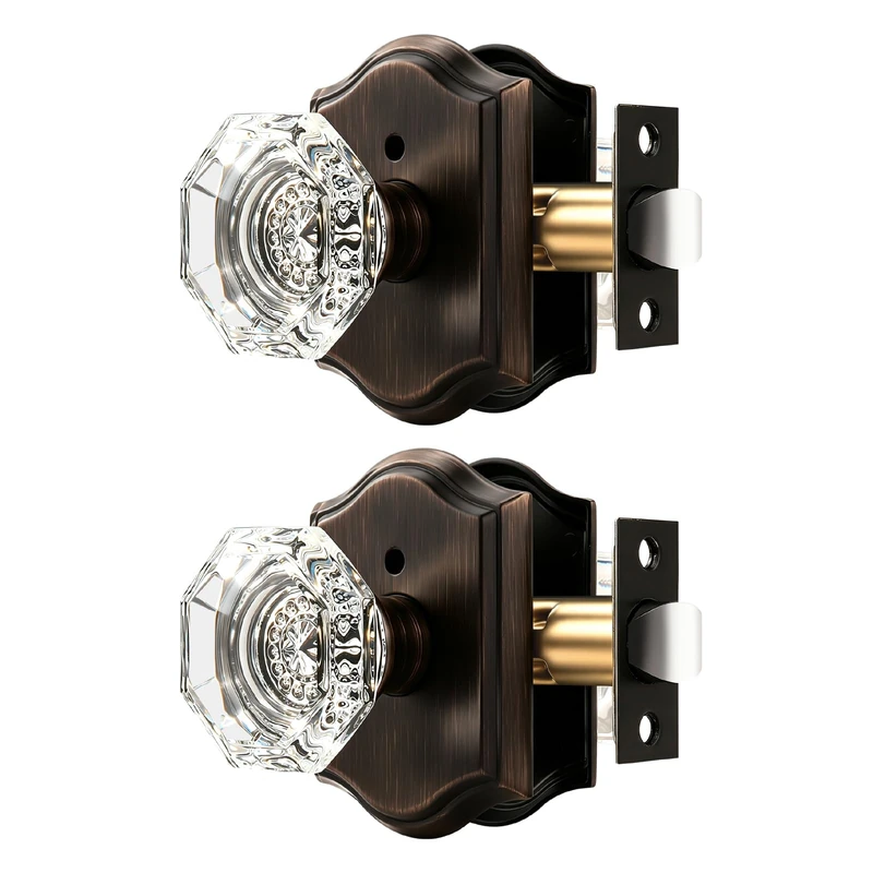 Orger Octagonal Crystal Door Knobs 2 Pack, Interior Privacy Door Handle for Bed/Bathroom with Pin Lock Inside, Oil Rubbed Bronze Vintage Rosette Door Knob with Heavy Duty Genuine Glass