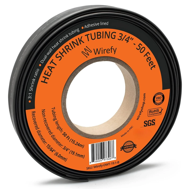 Wirefy 3/4" Heat Shrink Tubing - Large Diameter - 3:1 Ratio - Adhesive Lined - Industrial Heat-Shrink Tubing - Black - 50 Feet Roll
