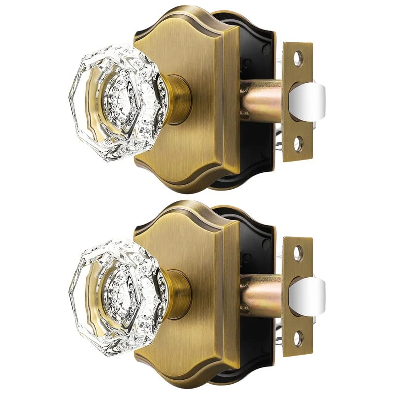 Orger Passage Door Knobs for Hallway and Closet, Glass Door Handles with Non-Locking Latch, Octagonal Clear Crystal Door Knobs 2 Pack, Antique Bronze Vintage Rosette with Heavy Duty Crystal