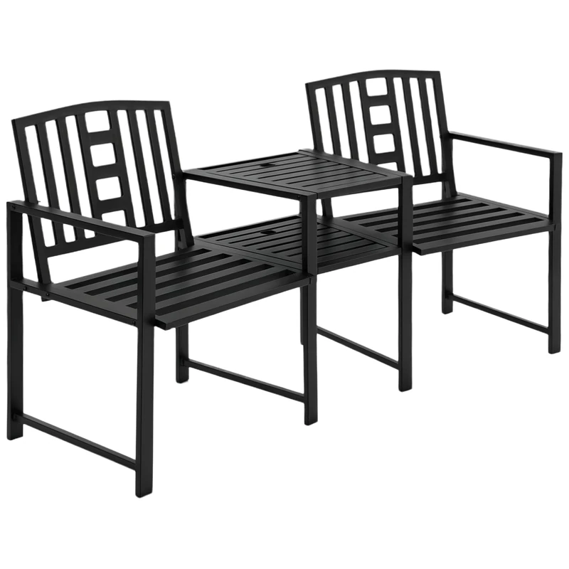 Outsunny Patio Tete-a-tete Chair 2 Seat Bench Middle Coffee Table w/Umbrella Hole for Outdoors Decorative Slatted Design Steel Frame Black