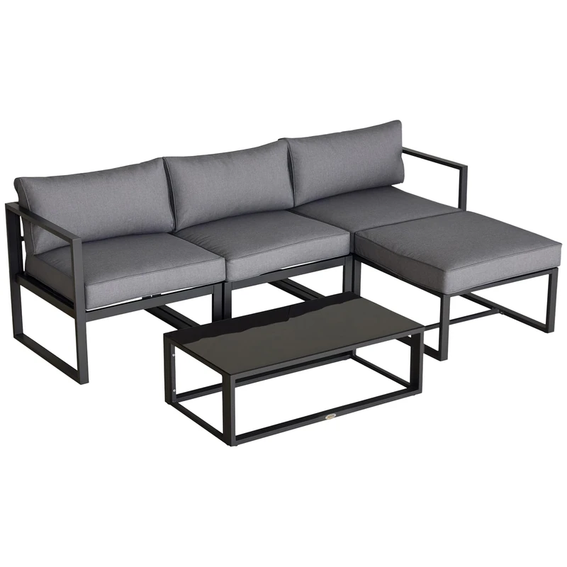Outsunny 5 Pieces Outdoor Patio Furniture Set, Sofa Couch with Glass Coffee Table, Cushioned Chairs and Aluminum Tube, for Balcony Garden Backyard, Grey
