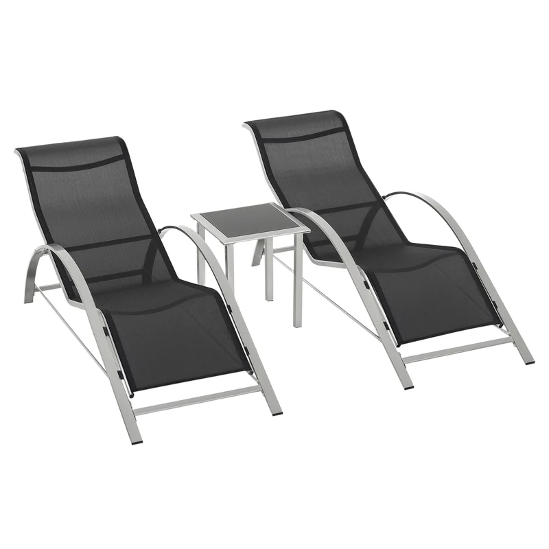 Outsunny 3 Pieces Sun Lounger Chair Set, Metal Frame Outdoor Garden Recliner Chairs with Glass-Top Side Table and Armrests for Patio, Black