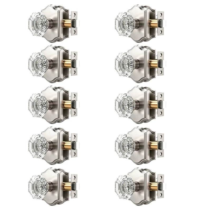 Orger Passage Door Knobs for Hallway and Closet, Glass Door Handles with Non-Locking Latch, Octagonal Clear Crystal Door Knobs 10 Pack, Satin Nickel Vintage Rosette with Heavy Duty Crystal