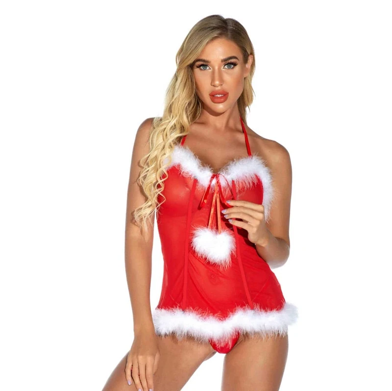 QQQQC Women's Baby Dolls Sexy See-Through Lace White Plush Side Erotic Lingerie Underwear Porn-red_S