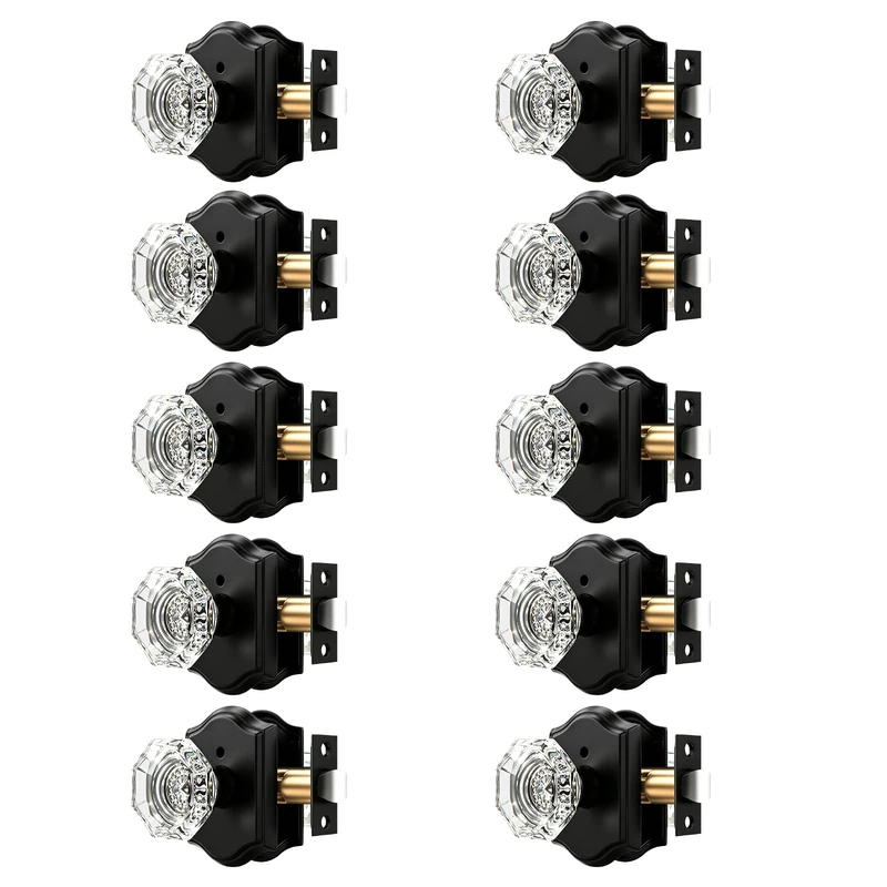 Orger Octagonal Crystal Door Knobs 10 Pack, Interior Privacy Door Handle for Bed/Bathroom with Pin Lock Inside, Black Vintage Rosette Door Knob with Heavy Duty Genuine Glass
