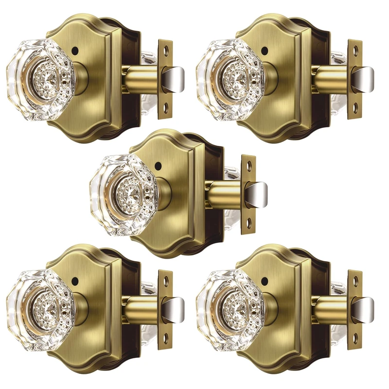 Orger Octagonal Crystal Door Knobs 5 Pack, Interior Privacy Door Handle for Bed/Bathroom with Pin Lock Inside, Antique Bronze Vintage Rosette Door Knob with Heavy Duty Genuine Glass