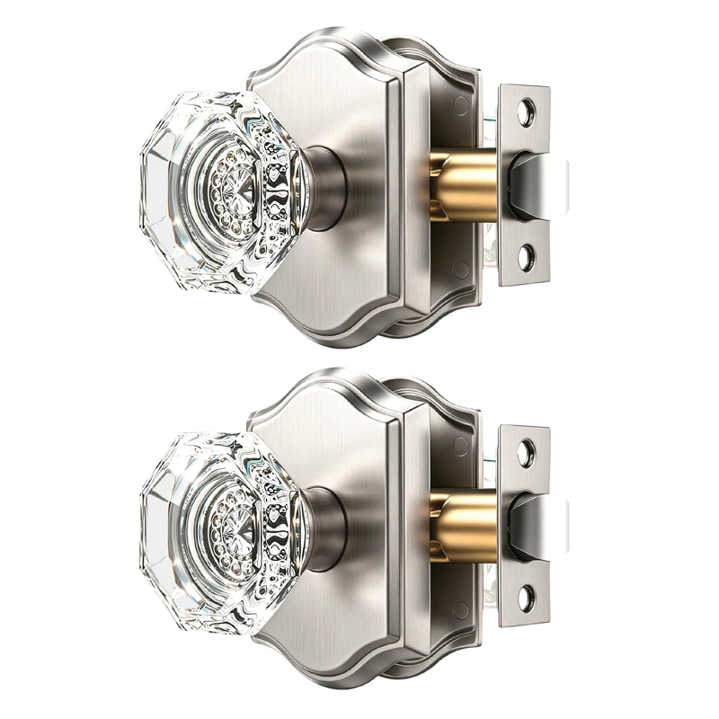Orger Passage Door Knobs for Hallway and Closet, Glass Door Handles with Non-Locking Latch, Octagonal Clear Crystal Door Knobs 2 Pack, Satin Nickel Vintage Rosette with Heavy Duty Crystal