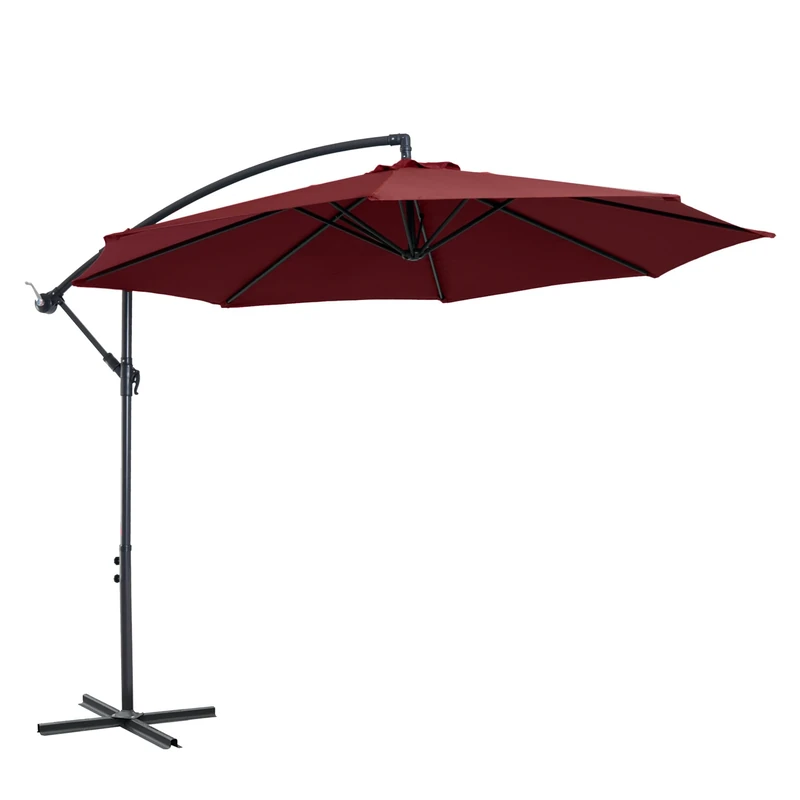 Outsunny 3(m) Garden Banana Parasol Hanging Cantilever Umbrella with Crank Handle, 8 Ribs and Cross Base for Outdoor, Sun Shade, Wine Red