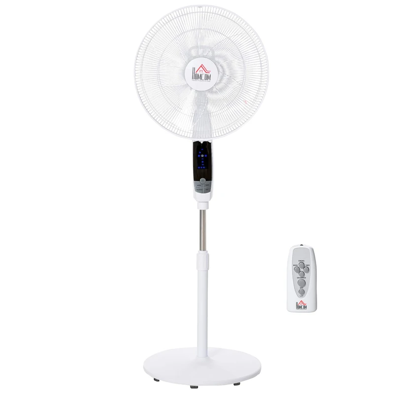 HOMCOM 16" Pedestal Stand Fan, 3 Speed 3 Mode, 85 Degree Oscillation, LED Panel, Remote Controller, Height Adjustable for Living Room, Bedroom, Garage, Office, Black and White