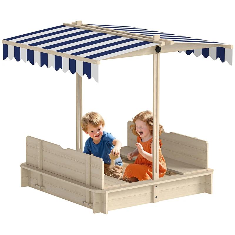 Outsunny Kids Wooden Sand Pit with Adjustable Canopy