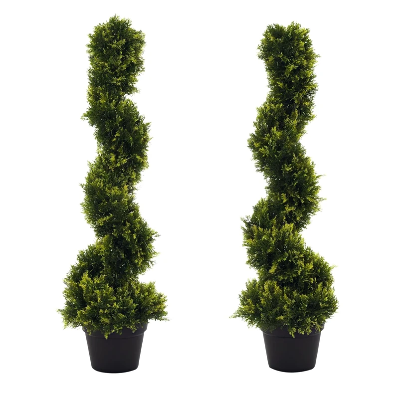 Outsunny 90cm/3FT Artificial Trees, Spiral Topiary Trees w/Pot Set Of 2, Fake Indoor Greenery Plant Home Office Garden Decor Green