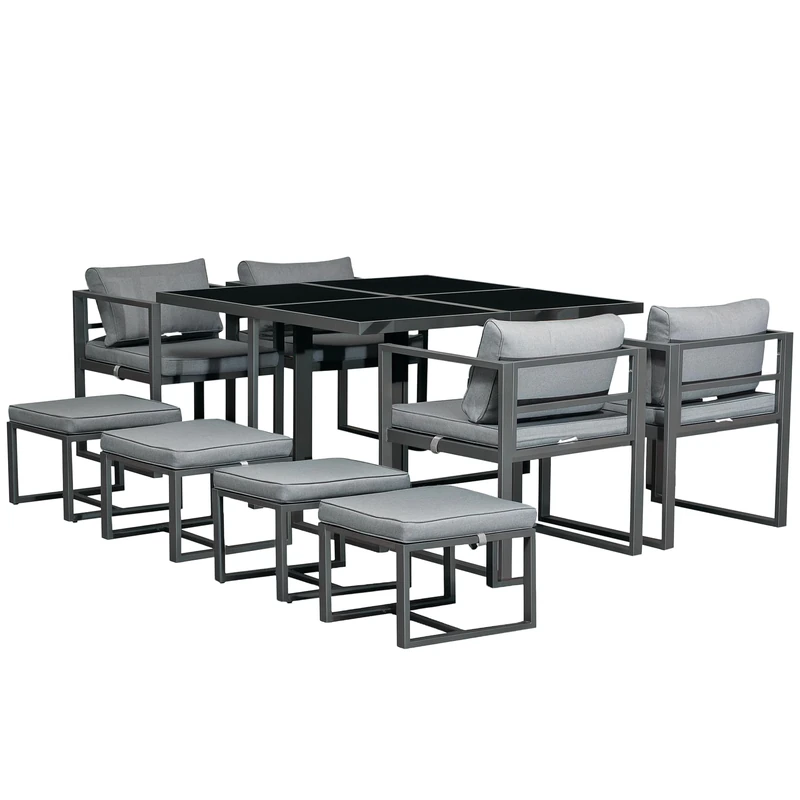 Outsunny 9PCs Patio Aluminium Dining Set, Space Saving Cube Set with 4 Chairs, 4 Ottoman, Cushions, 8 Seater Garden Furniture