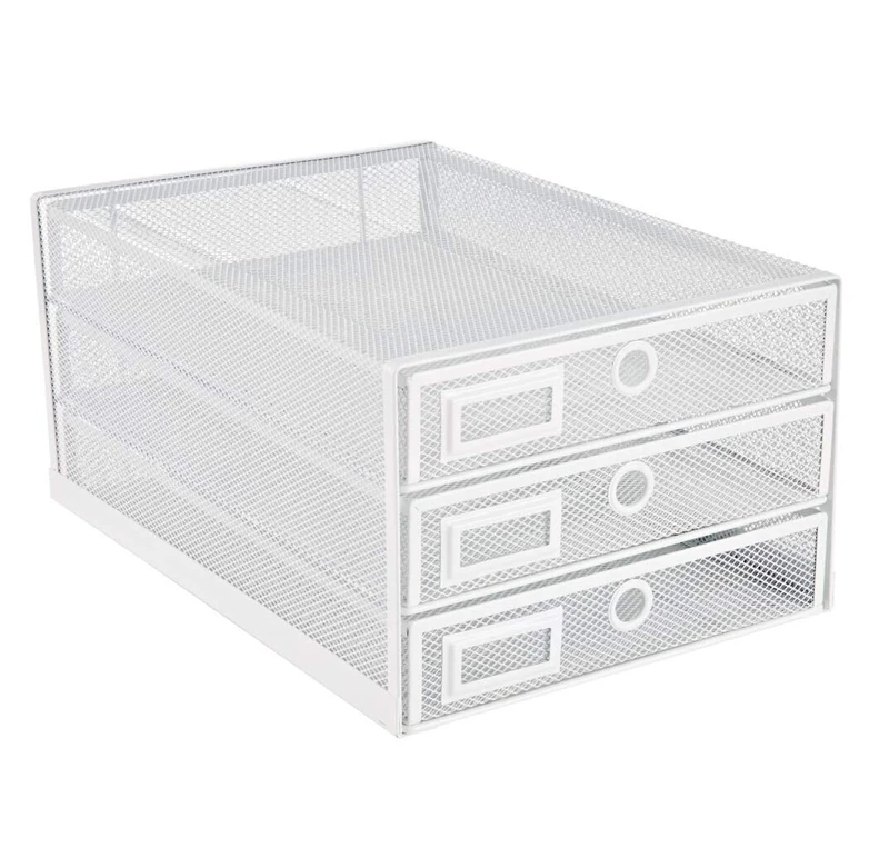 Annova Desk Organizer Wire Mesh 3 Tier Sliding Drawers Paper Sorter (White)