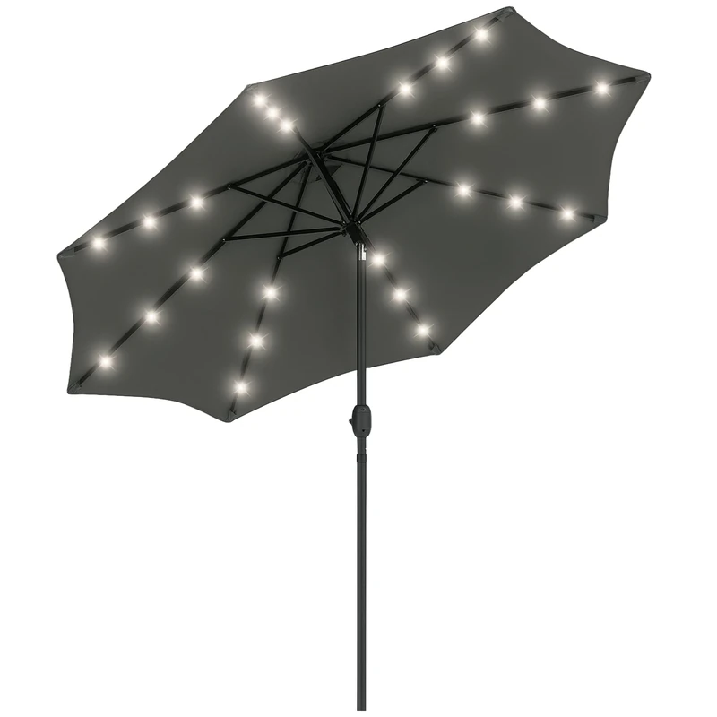 Outsunny 2.7m Patio Garden Umbrella Outdoor Parasol Outdoor Market Table Umbrella with Tilt Crank and 24 LEDs Lights (Grey)