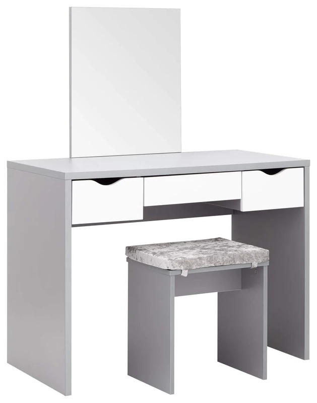 GFW Elizabeth Dressing Table Set Grey. Make Up & Hair Vanity Table With Drawers, Large Mirror & Plush Padded Stool. Modern Makeup Desk For Bedroom H - 129.5cm x W - 100cm x D - 49.5cm, Grey