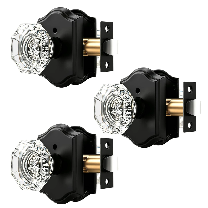 Orger Octagonal Crystal Door Knobs 3 Pack, Interior Privacy Door Handle for Bed/Bathroom with Pin Lock Inside, Black Vintage Rosette Door Knob with Heavy Duty Genuine Glass