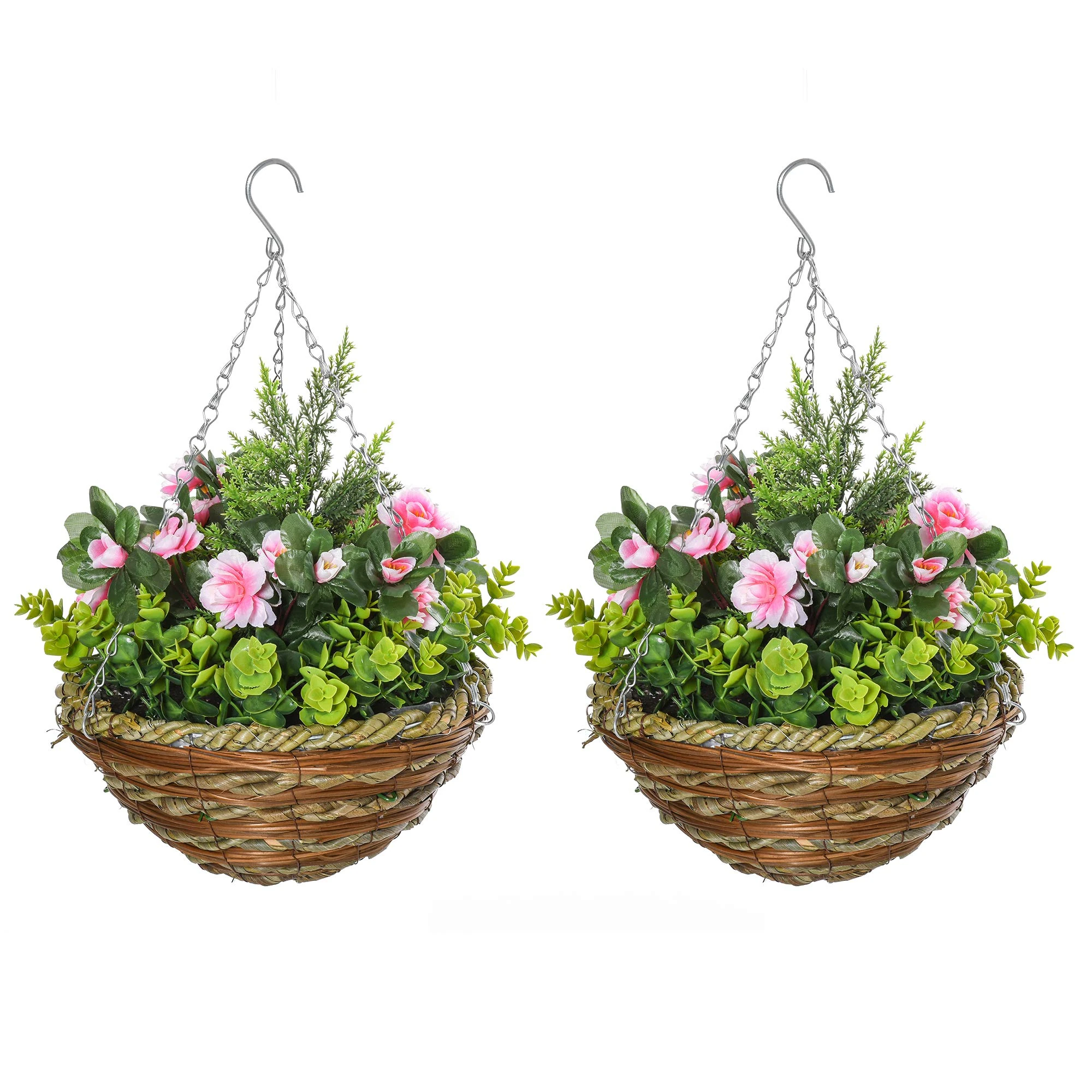 Outsunny Pack of 2 Faux Plant Artificial Lisianthus Flowers Hanging Planter with Basket for Indoor Decoration, Pink