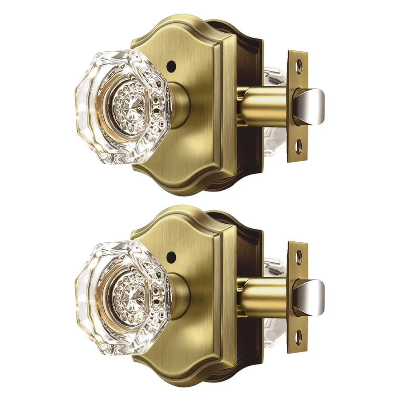 Orger Octagonal Crystal Door Knobs 2 Pack, Interior Privacy Door Handle for Bed/Bathroom with Pin Lock Inside, Antique Bronze Vintage Rosette Door Knob with Heavy Duty Genuine Glass