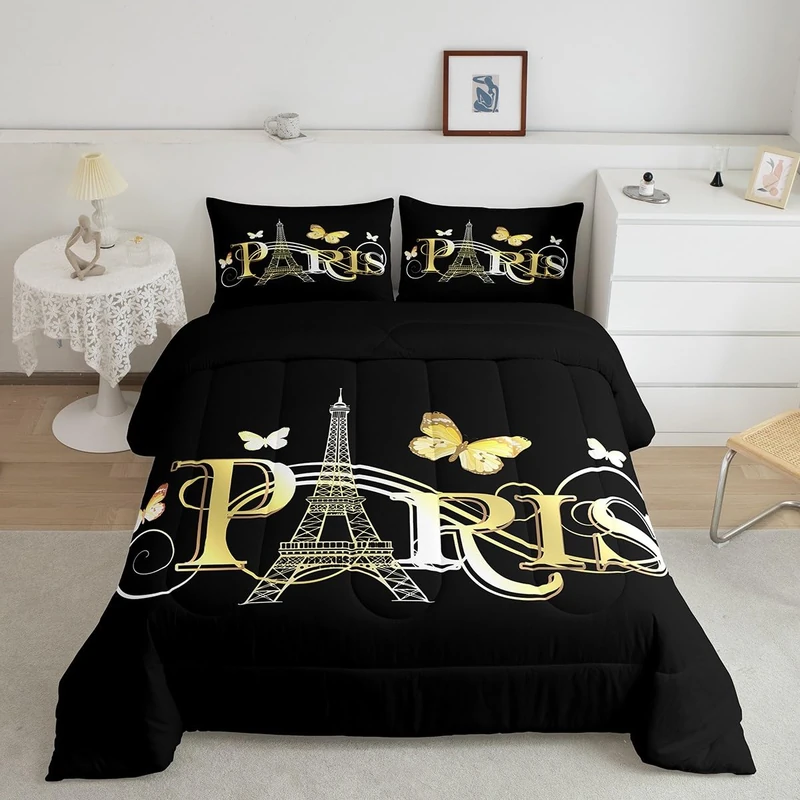 Eiffel Tower Comforter Chic Paris Theme Bedding Set for Kids Boys Girls Butterfly Paris Cityscape Printed Comforter Set Modern French Style Duvet Set Golden Black Bedroom Decor Quilt Set Full Size