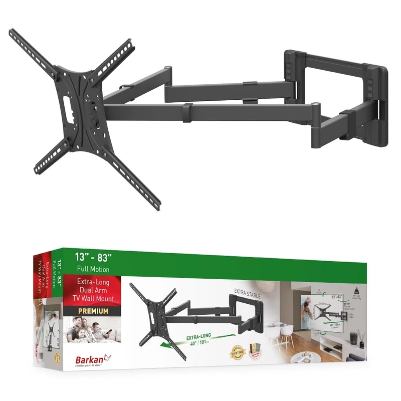 Barkan BM464XL 40" Long TV Wall Mount, 13-80 inch Dual Arm Full Motion Articulating - 4 Movement Flat/Curved Screen Bracket, Holds up to 50kg, Extra Stable, Fits LED OLED LCD, Black