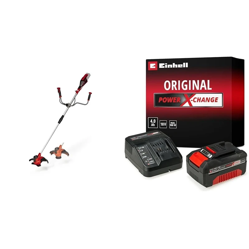 Einhell Cordless Scythe AGILLO 18/200 Power X-Change - Supplied with 4.0Ah Battery and Charger (Lithium-Ion, 18 V, 7500 Min-1, Line with Automatic Jog Line Feed + 3-Tooth Blade, Front Motor)