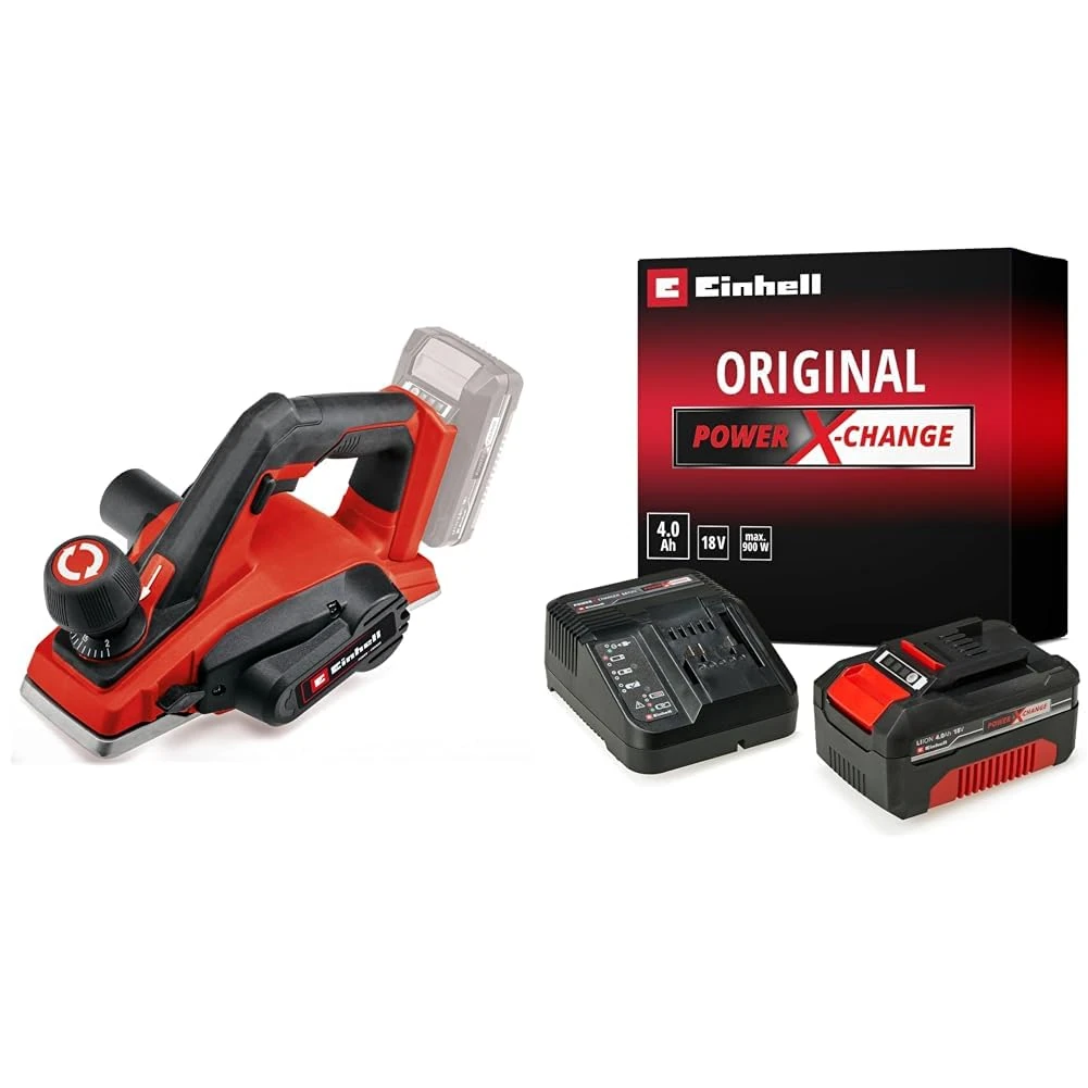 Einhell Power X-Change 18V Cordless Planer with Battery and Charger - Battery Electric Planer for Wood, 2mm Max Chip Depth, Aluminium Soleplate with V-Groove - TE-PL 18/82 Li Planing Tool