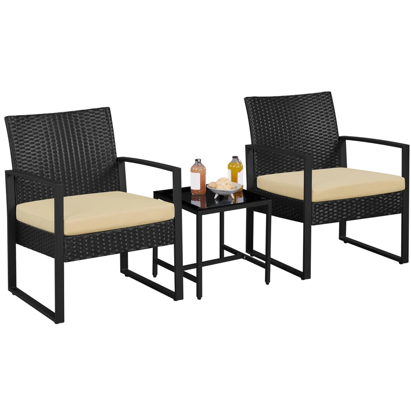 Yaheetech 3-Piece Rattan Garden Furniture Set, 2 Seater Chairs & 1 Table for Balcony with Cushions for House/Porch/Garden/Backyard/Outdoor Use, Black/Khaki