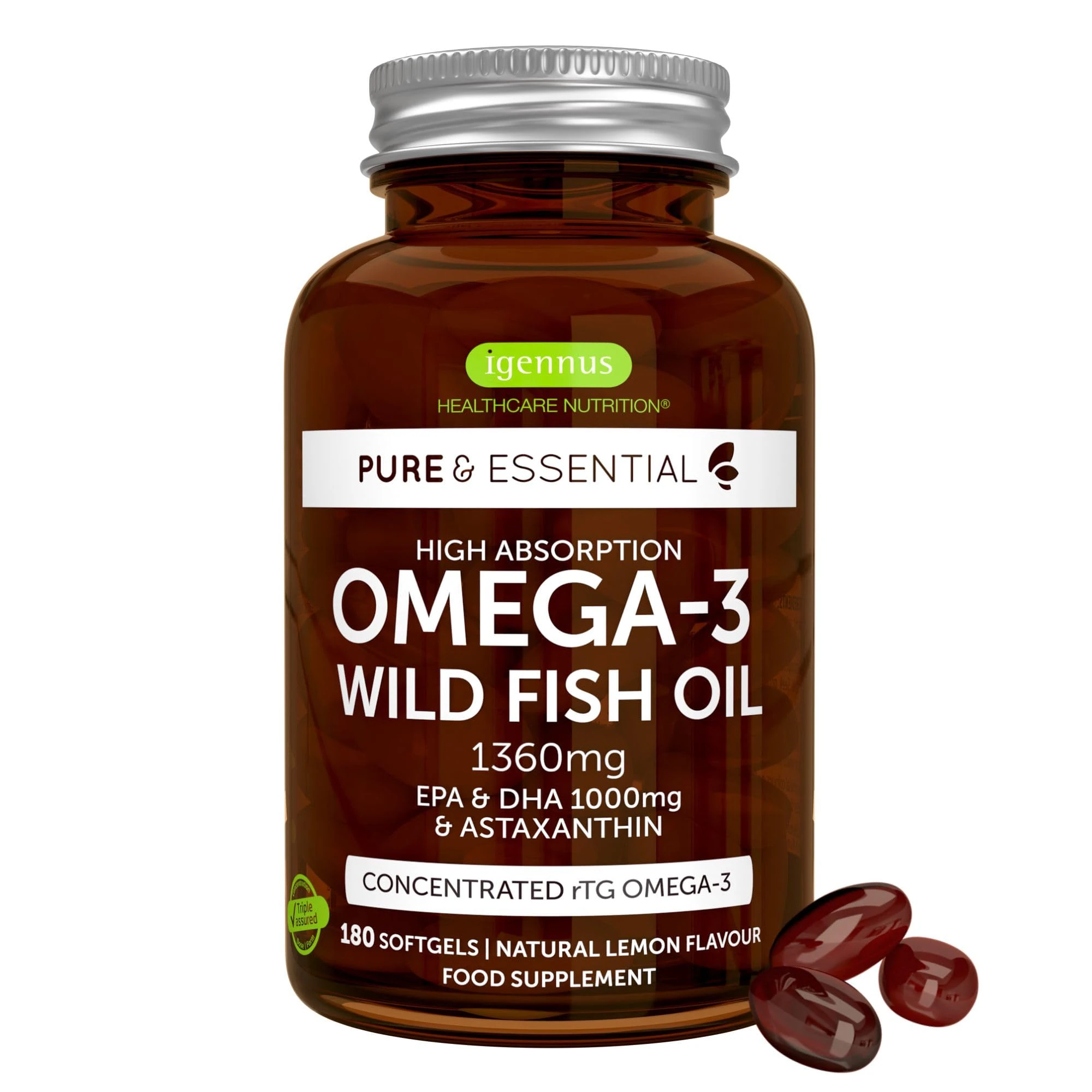 Igennus Omega-3 Wild Fish Oil & Astaxanthin, Highest Grade Triglyceride rTG, IFOS Certified Ultra Pure, Omega-3 EPA & DHA Fatty Acids 1000mg, Tested Safe for Mercury, PCBs and Dioxins, 180 Softgels