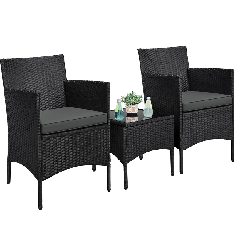 Yaheetech 3-Piece Rattan Garden Set, Outdoor Patio Conversation Furniture, Woven Chairs & 1 Side Table with Cushions for Bistro/Porch/Garden/Deck/Courtyard, Black/Grey