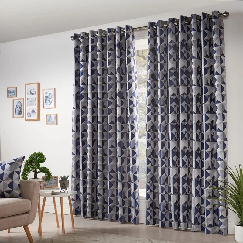 Skandi Eyelet Ring Top Curtains Fully Lined Weave Jacquard Navy 66x54