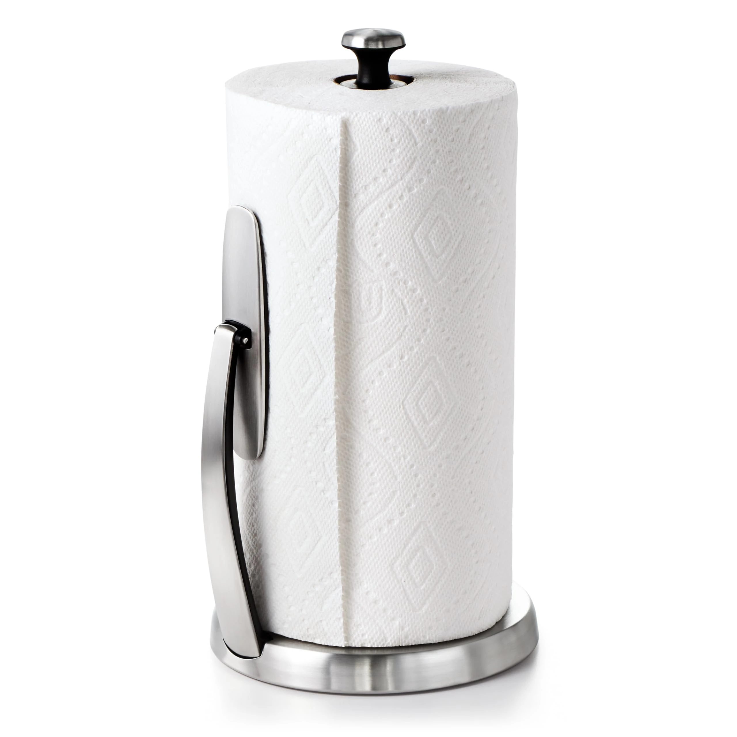 OXO Good Grips SimplyTear Paper Towel Holder – One-Handed Tearing – Weighted Non-Slip Base – Spring-Activated Arm for Easy Loading – Fits All Roll Sizes – Stainless Steel