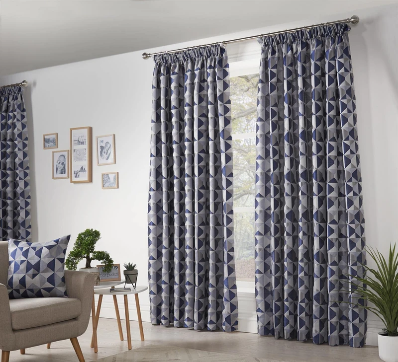 Skandi Taped Pencil Pleat Curtains Fully Lined Weave Jacquard Navy 66x72