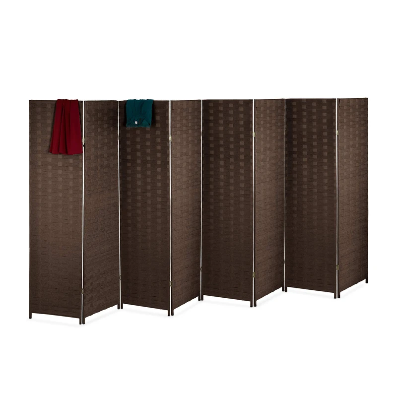 Relaxdays Paravent Room Divider, H x W: 170 x 320 cm, Foldable Room Divider, 8-Piece Privacy Screen, Wood & Paper Rope, Brown