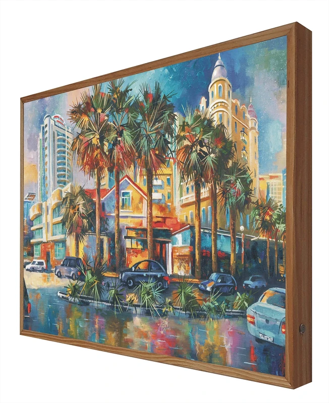 Picture with illuminated wooden frame with LED light rainy day