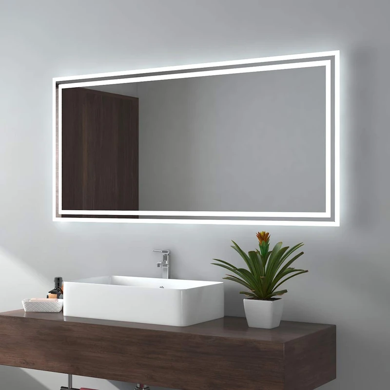 EMKE Modern Rectangular Bathroom Mirror, 120 x 60 cm, Wall Mount, 2 Light Colours (Warm White/Cool White), Anti-Fog, Energy Saving