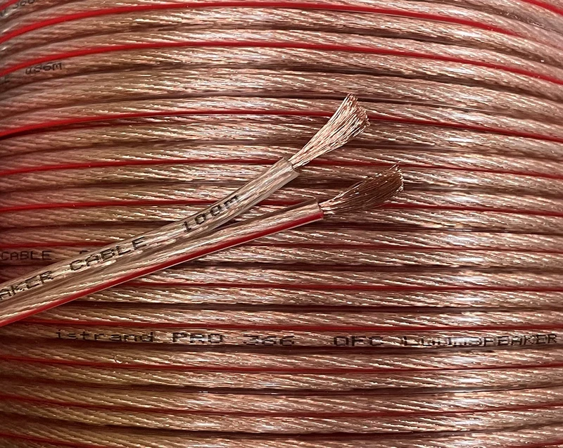 iStrand Premium 14 AWG 2 x 183 Strand OFC Speaker Cable/Wire - Clear Transparent Outer Jacket with Red Polarity Marker – Outer Dimensions of Cable 8mm x 4mm (50m, 14 AWG)